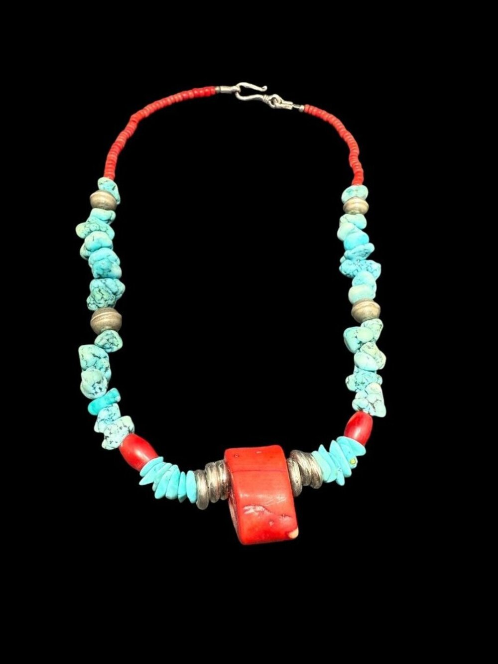 Turquoise And Red Coral Beaded Necklace Sterling Silver Spacers And Clasp 16 in